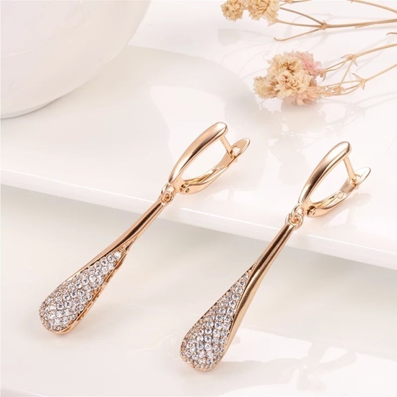 Rose Gold Plated Shining Drop Tassel Dangle Earrings Twinkle Zircon - Picture 3 of 8